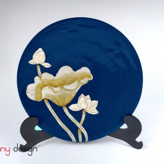 Blue round lacquer plate hand-painted with lotus 30 cm ( not included with stand )